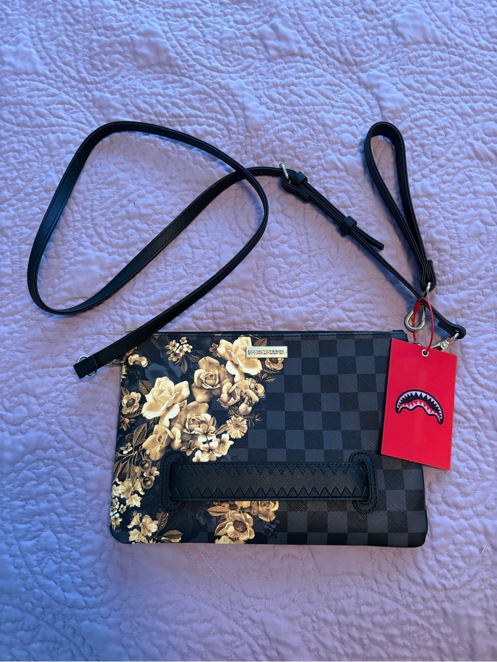 Sprayground Black Check Floral Crossbody with Red Tag